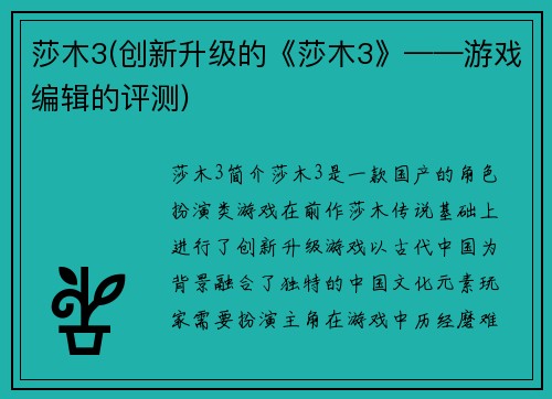 莎木3(创新升级的《莎木3》——游戏编辑的评测)
